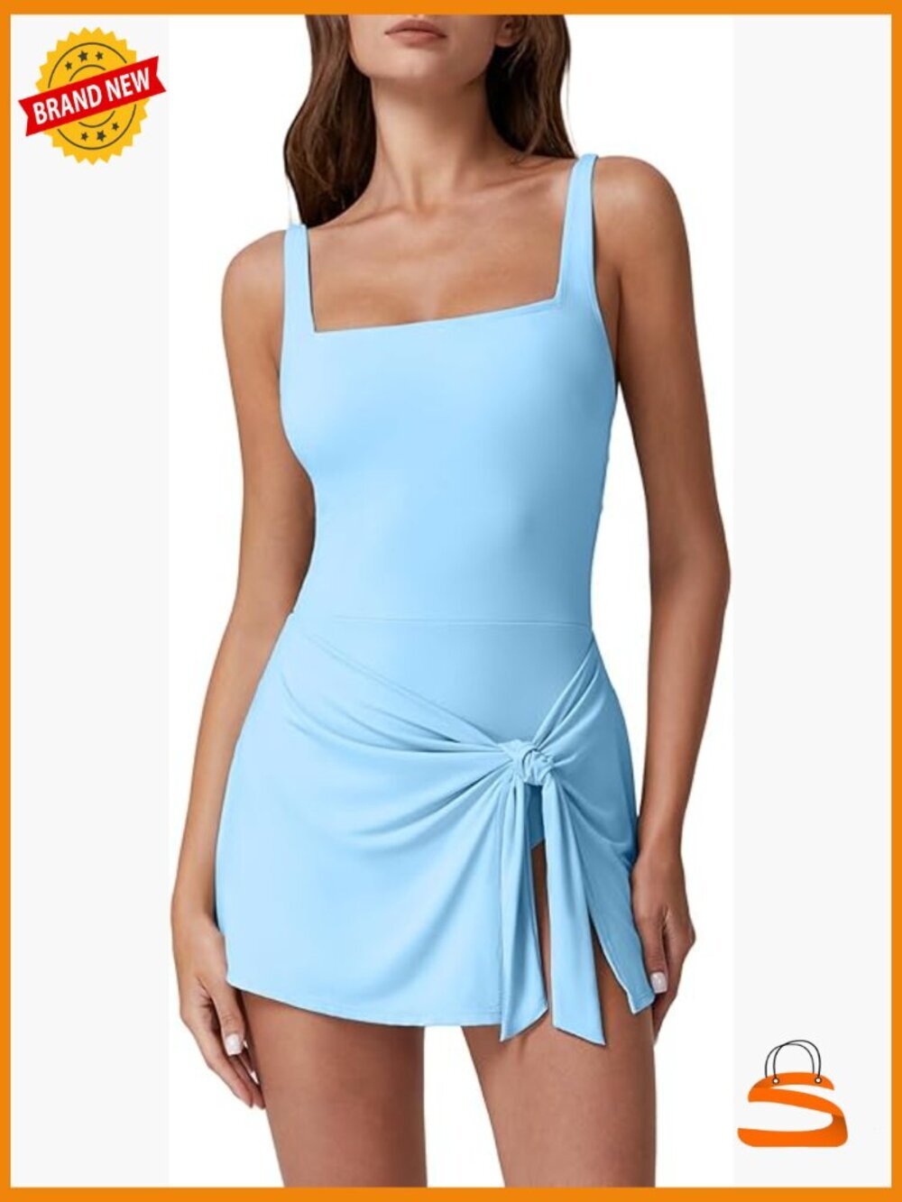 Square Neck Tummy Control One Piece Swim Dress with Wrap Skirt